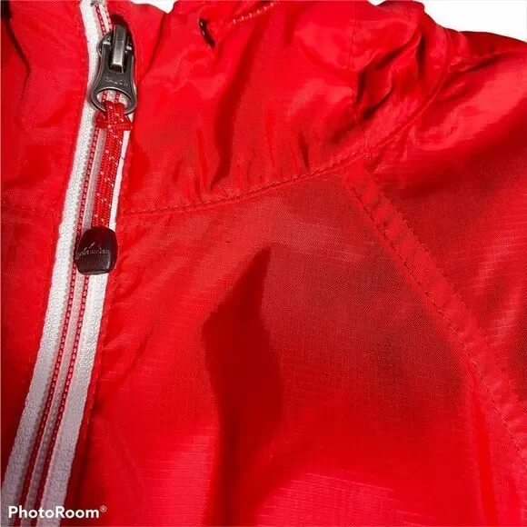 Eddie Bauer red orange windbreaker coat jacket small hood hooded front zip EUC - Picture 12 of 16